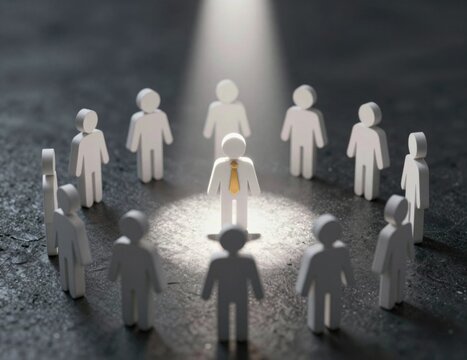 Wooden figurines circle spotlighted central figure wearing tie