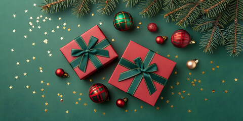 Elegant Christmas gifts with festive ornaments and twinkling stars create a magical holiday mood, perfect for seasonal greetings and joyful promotions
