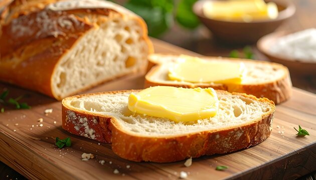 Sliced artisan bread with melted yellow butter on wooden board, alongside a loaf and a small bowl of salt