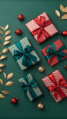 Elegant Christmas gifts creatively arranged on festive green backdrop, perfect for holiday campaigns, seasonal promotions, and joyous celebrations