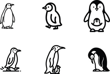 Penguin Family in Black and White Vector Illustration A collection of penguin icons in different poses showcasing penguin behavior and family dynamics in a minimalist design style