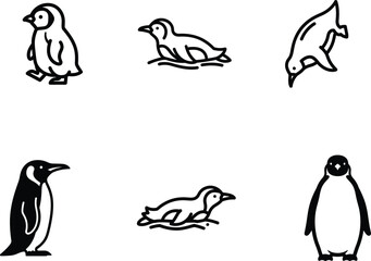 Penguin Illustrations in Various Poses with Black Outline on White Background for Creative Projects and Educational Resources Focusing on Antarctic Wildlife and Vector Graphics
