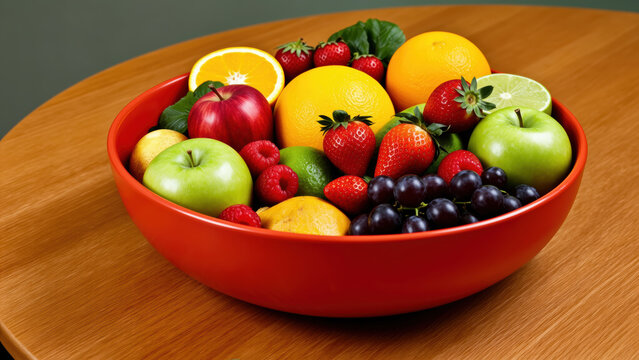 Fresh fruit bowl with green apple red apple orange lime strawberry grape raspberry and lemon on wooden table vibrant and healthy arrangement for kitchen or dining room decor - Powered by Adobe