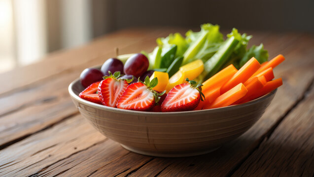 Fresh fruit and vegetable platter with strawberries, grapes, carrot sticks, cucumber, yellow bell pepper, and lettuce on rustic wooden table, healthy and vibrant snack - Powered by Adobe