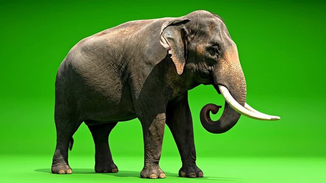 A detailed image of a large elephant standing on a green background. It has tusks