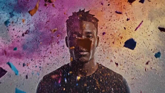 Black man's head exploding with vibrant colors and particles, symbolizing mental stress, information overload, digital chaos, and creative burnout from overthinking in a powerful, abstract visual