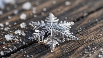 A detailed macro shot of a snowflake on weathered wood, glistening with ice crystals - Powered by Adobe