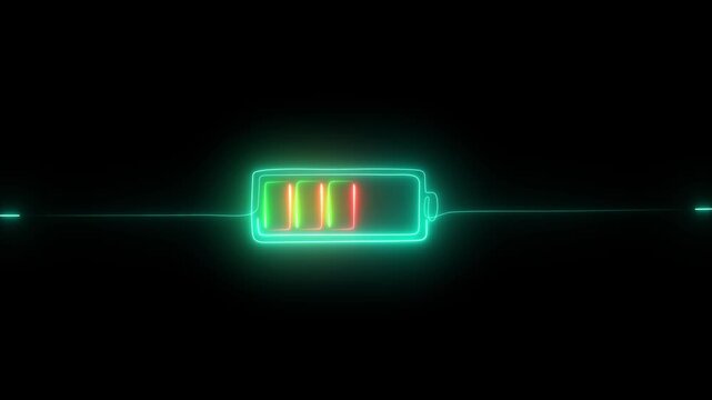 Glowing neon Abstract of the  battery sign charging Animation on the black screen concept on a black background motion graphic.