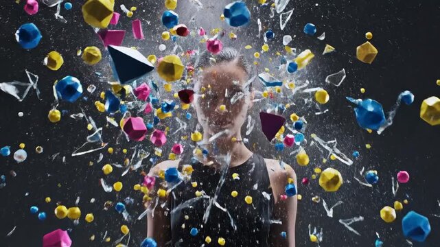 Conceptual video of a woman's head exploding into a cloud of colorful geometric shapes and glass shards, symbolizing stress, burnout, digital chaos, and an overload of information