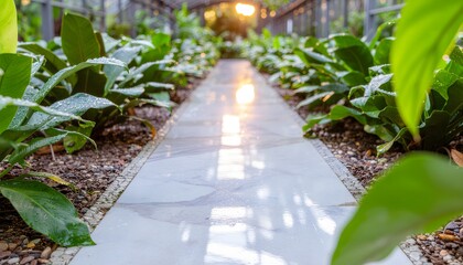 Luminous, hyper-realistic botanical glass garden path at sunrise with exotic plants and sun reflecting on marble tiles