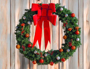 025-12-01 A LARGE CHRISTMAS WREATH WITH ORNAMENTS AND A LARGE RED RIBBON HUNG ONA WOOD PANEL BACKGROUND
