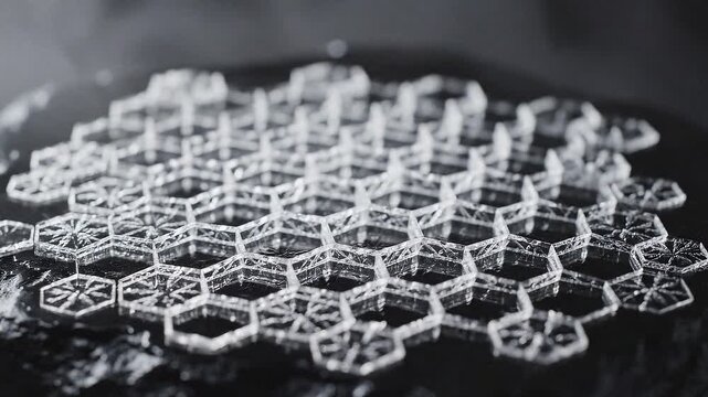 Detailed macro view of a complex hexagonal honeycomb structure, a futuristic 3D printed lattice symbolizing innovation in material science and nanotechnology