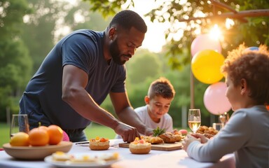 African American man decorating outdoor table with balloons for celebration party. High quality
