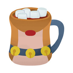 Cute cartoon mug with marshmallows and bells.
