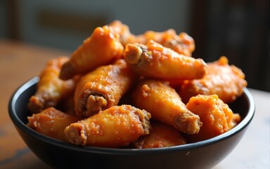 A mouthwatering bowl of crispy, golden-brown chicken wings, perfect for sharing at gatherings or parties, highlighting their irresistible appeal and savory flavor. High quality
