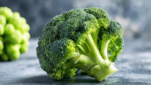 a head of broccoli on a textured surface.