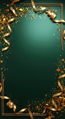 Festive Green and Gold New Year Background with Ribbons and Confetti Frame