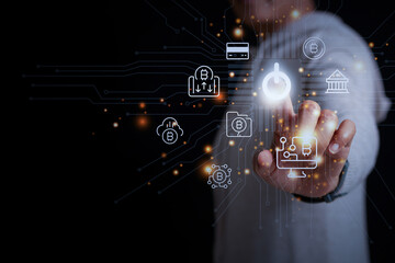 A hand activating digital cryptocurrency and fintech icons on a futuristic interface, symbolizing blockchain, finance, and modern digital transactions.