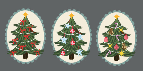 Whimsical Christmas tree set with pastel ornaments, bows, candy canes and stars. Cozy hand-drawn winter illustration perfect for stickers, scrapbooking, planners, greeting cards and festive crafts.