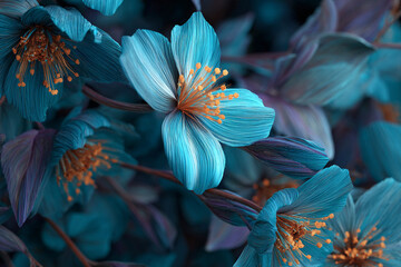 ethereal turquoise blue flower with delicate orange stamen in macro view