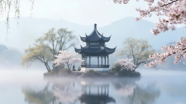 Ancient style pavilion with spring charm after the rain in Jiangnan【4K】