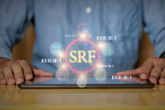 SRF digital system interface with financial icons displayed above a tablet, representing online finance, data management, and modern technology.