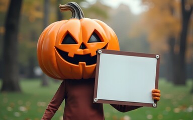 Pumpkin head character holding blank sign. High quality