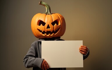 Pumpkin head character holding blank sign. High quality