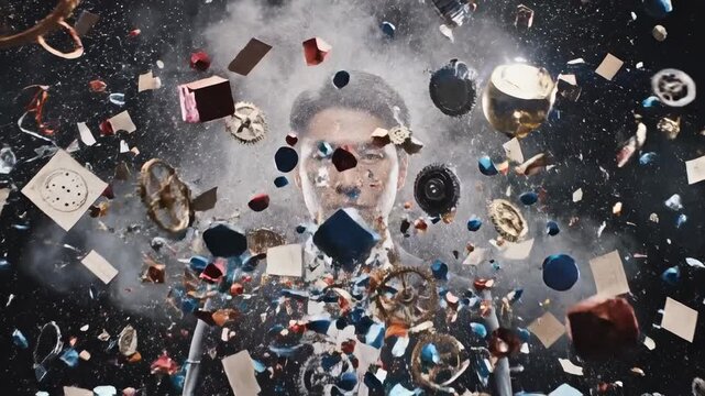 Conceptual video of a businessman's head exploding into gears, cubes, and data, symbolizing burnout, information overload, and digital chaos before reversing back to normal on a black background