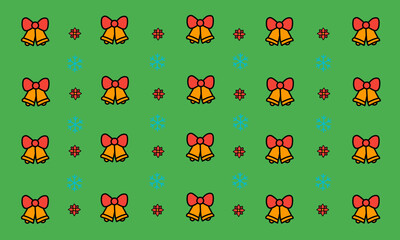 Christmas Bells Pattern with Cute Outline Icons on Green Background