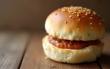 Gluten-free burger buns stacked on wooden surface warm light close-up highlighting texture and color. High quality
