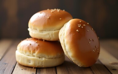 Gluten-free burger buns stacked on wooden surface warm light close-up highlighting texture and color. High quality