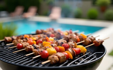 Summer Backyard BBQ Grill Feast: Delicious Kebabs and Poolside Relaxation. High quality