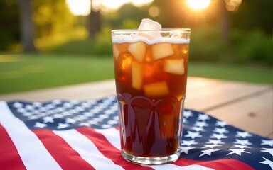 Refreshing iced cola rests on a picnic table adorned with an American flag napkin, capturing the essence of a summer 4th of July celebration with vibrant colors and joyful ambiance. High quality