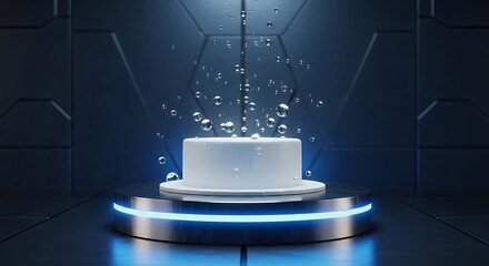 Water droplets falling onto a white platform with blue neon lighting in a futuristic setting.