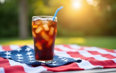 Refreshing iced cola rests on a picnic table adorned with an American flag napkin, capturing the essence of a summer 4th of July celebration with vibrant colors and joyful ambiance. High quality