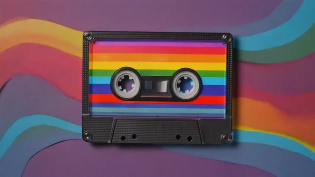 Retro cassette tape, vintage audio music recording media with colorful stripes for 80s and 90s nostalgia