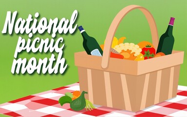 National Picnic Month with Food Basket and Picnic Blanket. High quality