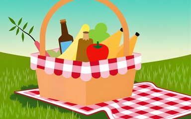 National Picnic Month with Food Basket and Picnic Blanket. High quality