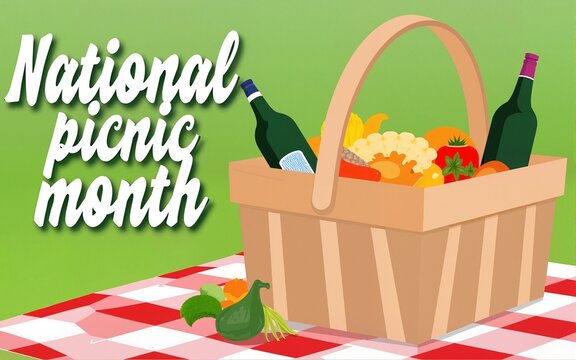 National Picnic Month with Food Basket and Picnic Blanket. High quality - Powered by Adobe
