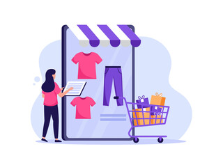 Woman shops online with smartphone app, buying clothes and gifts in shopping cart