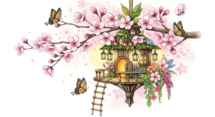 Watercolor treehouse with cherry blossoms and flying butterflies.