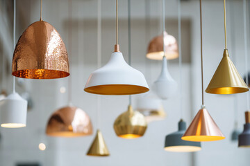 A variety of pendant lights in different shapes and colors, including white, copper, and gold, hang from the ceiling on a plain wall