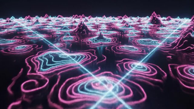 Abstract Neon Topographic Map Shifting in Pink and Cyan