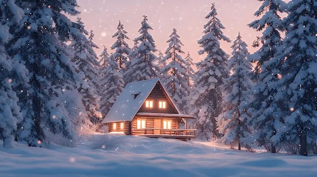 Magical Snowy Forest Scene With Cozy Cabin and Holiday Mood