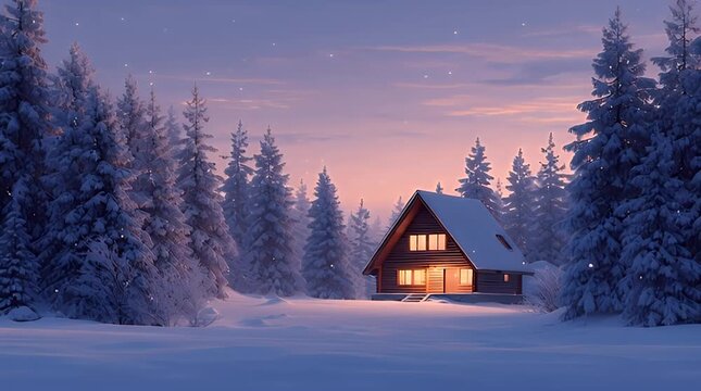 Twilight Winter Cabin With Warm Window Glow and Falling Snow