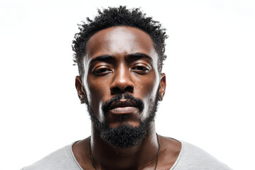 A powerful studio portrait of a serious black man, with an intense gaze directed at the camera. This close-up on his face highlights his confidence.