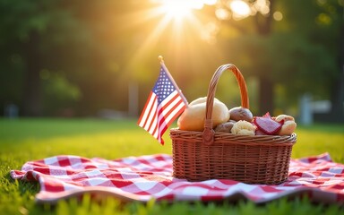 Sparkling independence day gathering in the park. festive Fourth of July picnic in the park featuring a checkered blanket, picnic basket filled with goodies, and vibrant patriotic decorations.
