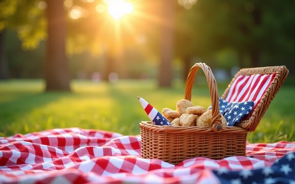 Sparkling independence day gathering in the park. festive Fourth of July picnic in the park featuring a checkered blanket, picnic basket filled with goodies, and vibrant patriotic decorations.