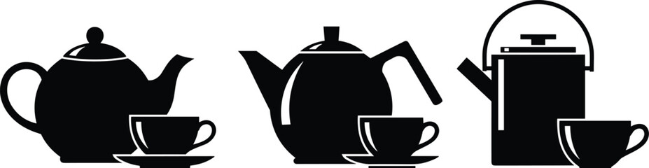 Silhouette Comparison of Three Distinct Teapot and Teacup Designs Showcasing Classic, Angular, and Cylindrical Styles with Matching Accessories
